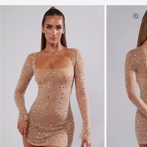 Oh Polly Sheer Embellished Long Sleeve A-Line Mini Dress in Almond